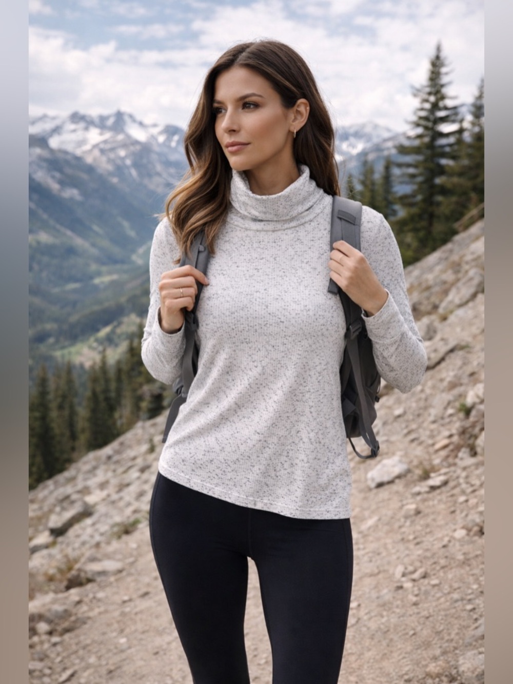 Varley Roya Roll Neck Long Sleeve Tee Speckled Gray Size L NWT